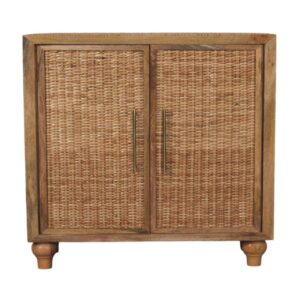 Solid Mango Wood Oak Finished 2 Rattan Finished Doors Cabinet