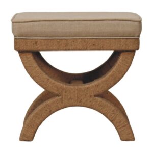 Solid Mango Wood Oak Finished Rattan Arch Bench Upholstered with Light Brown Fabric