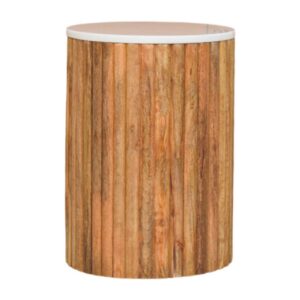 Solid Mango Wood Oak Finished Fluted Marble Topped Side Table