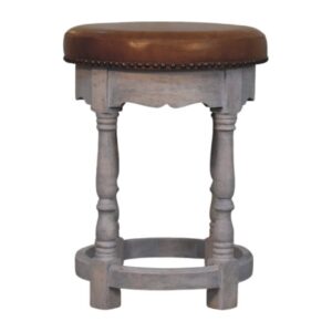Solid Mango Wood Acid Wood Wash Finished Rustic Charm Brown Leather Upholstered Stool
