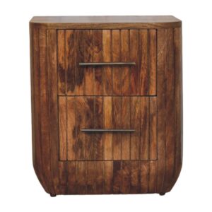 Solid Mango Wood Golden Teak Finished 2 Drawer Fluted Patterned Bedside