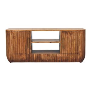 Solid Mango Wood Golden Teak Finished 2 Door Fluted Media Console with Shelves