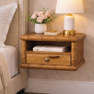Solid Mango Wood Bamboo Open Bedside in Amber Oak Finish