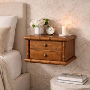 Solid Mango Wood Bamboo Bedside in Amber Oak Finish