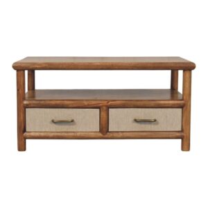 Solid Mango Wood Golden Teak Finish 2 Drawer Solara Rattan Coffee Table