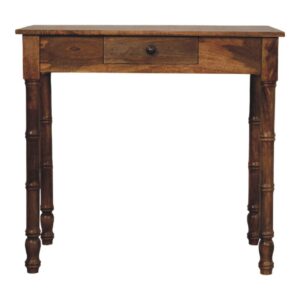 Solid Mango Wood Golden Teak Finished Bamboo Patterned One Drawer Writing Desk