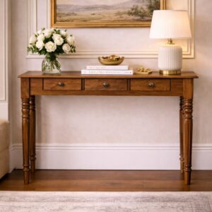 Solid Mango Wood Honey Caramel Finished 3 Drawer Console with Turned Legs