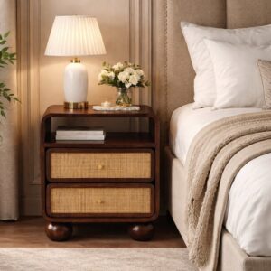 Solid Mango Wood California Walnut Finished 2 Drawer Rattan Bedside
