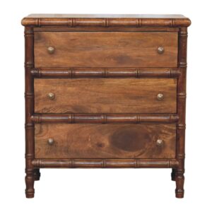 Solid Mango Wood Chestnut Finished 3 Drawer Bamboo Patterned Chest