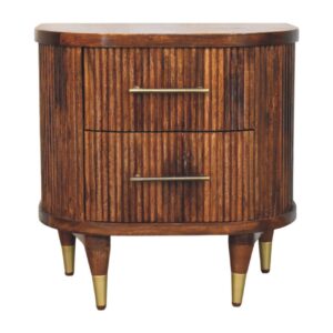Solid Mango Wood Chestnut Finished 2 Drawer Ribbed Bedside with Brass Handles
