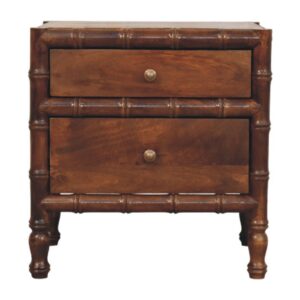 Solid Mango Wood  Chestnut Finished Bamboo Pattern 2 Drawer Framed Bedside Table