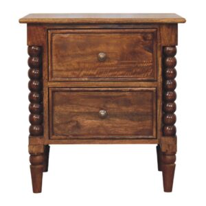 Solid Mango Wood Chestnut Finished 2 Drawer Spindle Beaded Bedside Table