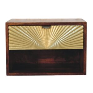 Solid Mango Wood Chestnut Finished 1 Drawer Sunburst Wall-Mounted Bedside