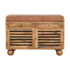 Solid Mango Wood Oak Finished 2 Door 2 Drawer Oakridge Upholstered Leather Shoe Cabinet