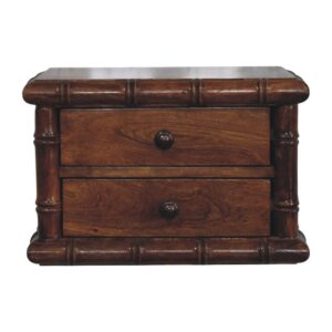 Solid Mango Wood Chestnut Finished Bamboo Pattern Two Drawer Wall-Mounted Bedside