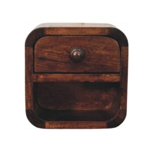 Solid Mango Wood California Walnut Finished 1 Drawer Curved Wall Mounted Bedside