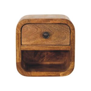 Solid Mango Wood Almond Oak Finished 1 Drawer Curved Wall Mounted Nightstand