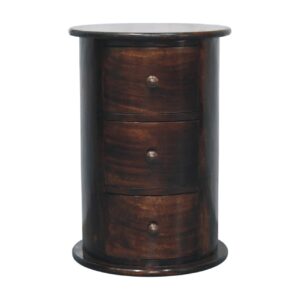 Solid Mango Wood California Walnut Finished Drum 3 Drawer Chest