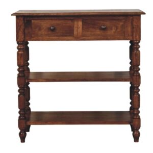 Solid Mango Wood Roast Almond Finished Turned Leg Side Table with 2 Shelves