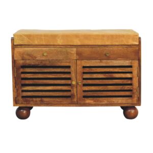 Solid Mango Wood Almond Oak Finish with Tan Leather Cushioned Top Bola Shoe Storage Bench