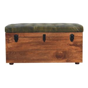 Solid Mango Wood Roasted Almond Storage Trunk Bench with Deep Leather Top