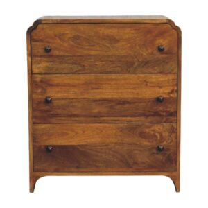 Solid Mango Wood Amber Oak Finished 3 Drawer Scalloped Edge Chest