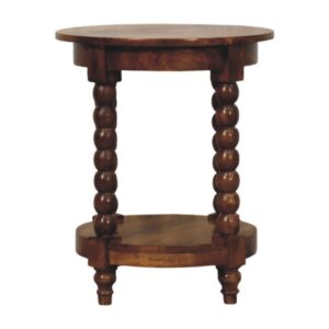 Solid Mango Wood Amber Oak Finish Spindle Heritage Round Side Table With Shelf
