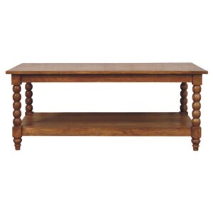 Solid Mango Wood Amber Oak Finished Spindle Coffee Table with Open Shelf