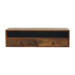 Solid Mango Wood Amber Oak Finished 2 Drawer Open Media Unit