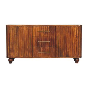 Solid Mango Wood Chestnut Finished 3 Drawer 2 Door Curved Sideboard