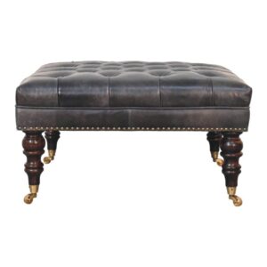 Solid Mango Wood California Walnut Finished Black Leather Upholstered Seat Ottoman