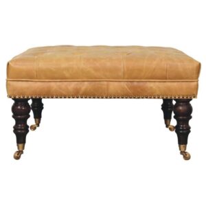 Solid Mango Wood California Walnut Finish with Tan Leather Upholstered Seat Ottoman