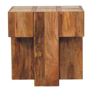 Solid Mango Wood Oak Finished Travertine Top Block Side Table