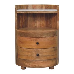 Solid Mango Wood Oak Finished 2 Drawer Curved Bedside with Marble Top