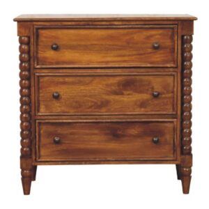 Solid Mango Wood  Chestnut Finished Spindle Three Drawer Chest