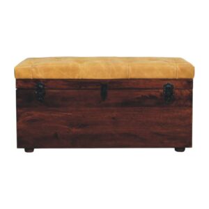 Solid Mango Wood Chestnut Finished Tan Leather Storage Trunk Bench