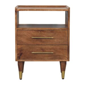Solid Mango Wood Golden Teak Finished Valenza Brass Accent 2 Drawer Bedside