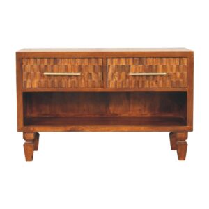 Solid Mango Wood Chestnut Finished 2 Drawer Cadiz Carved Shoe Bench