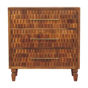 Solid Mango Wood Chestnut Finished 3 Drawer Cadiz Carved Chest
