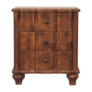 Solid Mango Wood Chestnut Finished Lume Panel 3 Drawer Bedside Table