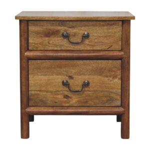Solid Mango Wood Amber Oak Finished Classic Two Drawer Bedside
