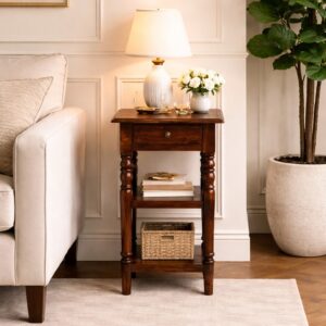 Solid Mango Wood Chestnut Finished 1 Shelf Tall Turned Leg Side Table