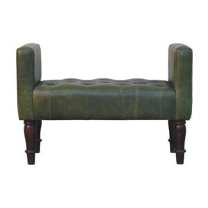 Solid Mango Wood Walnut Green Leather Bedroom Bench